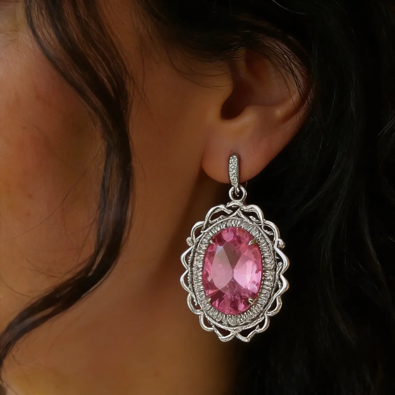 Roze echte topaas diamanten oorbellen