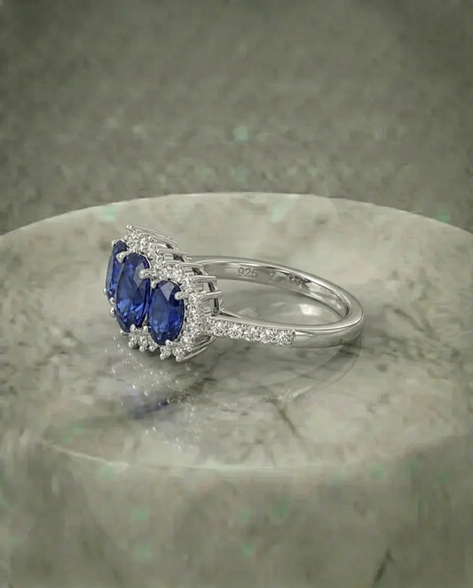 Echte saffier drie stenen diamanten ring 