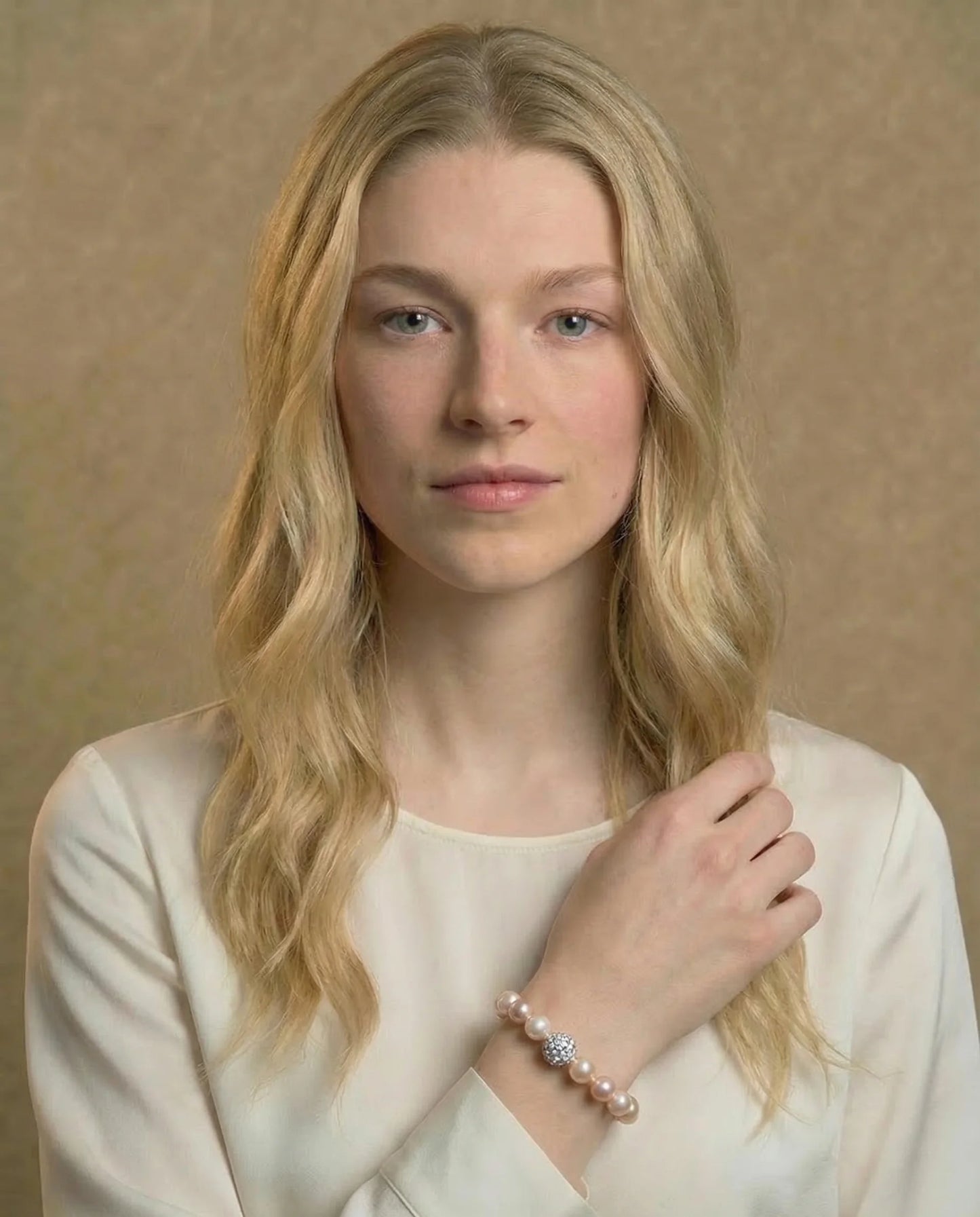 Perzikparel en zirkoon armband 